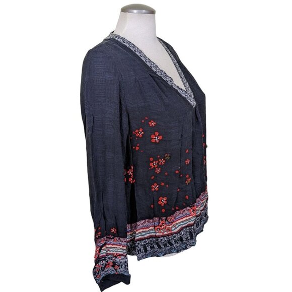Desigual Top Women Large Black Beaded V Neck Top Long Sleeve Artsy Boho Colorful - Picture 3 of 8